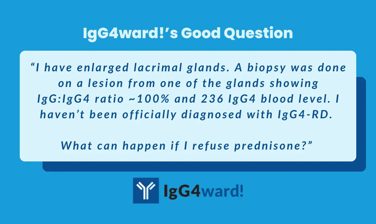 “I have enlarged lacrimal glands. A biopsy was done on a lesion from one of the glands showing IgG:IgG4 ratio ~100% and 236 IgG4 blood level. I haven’t been officially diagnosed with IgG4-RD. What can happen if I refuse the prednisone?”